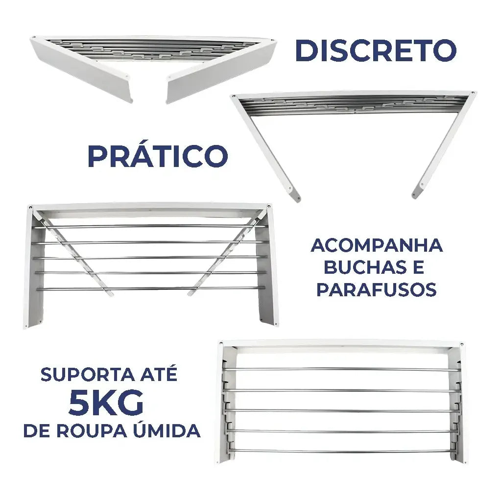 Varal De Parede Retrátil 80cm Varetas Em Alumínio Cor Branco