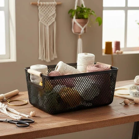 Cesto Organizador de Plástico com Alça de Bambu – 37×23×16cm