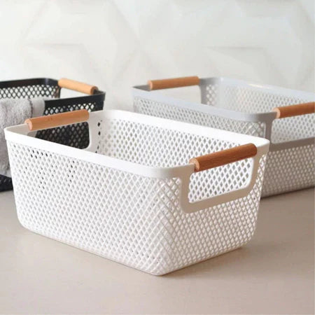 Cesto Organizador de Plástico com Alça de Bambu – 37×23×16cm