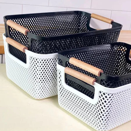 Cesto Organizador de Plástico com Alça de Bambu – 37×23×16cm