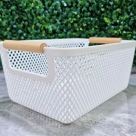 Cesto Organizador de Plástico com Alça de Bambu – 37×23×16cm