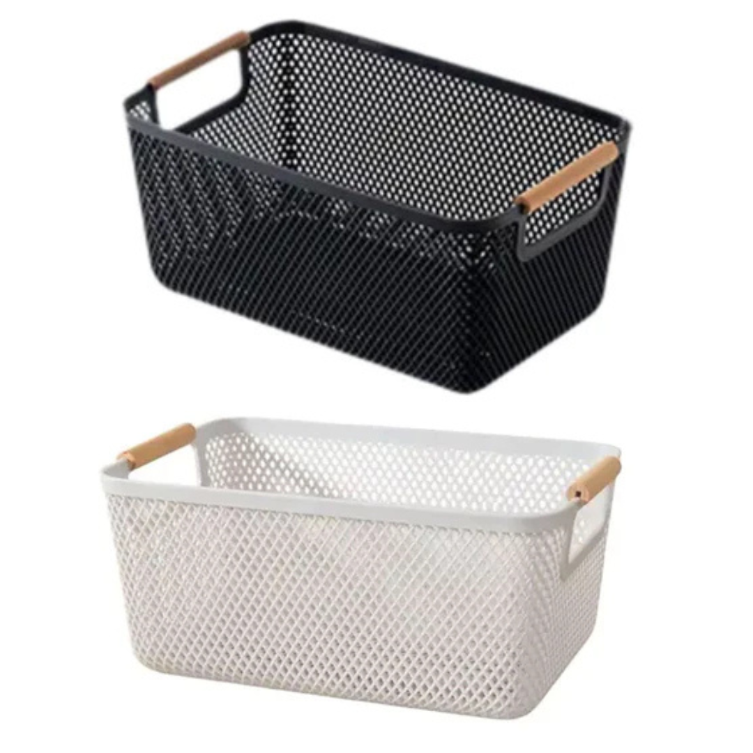 Cesto Organizador de Plástico com Alça de Bambu – 37×23×16cm