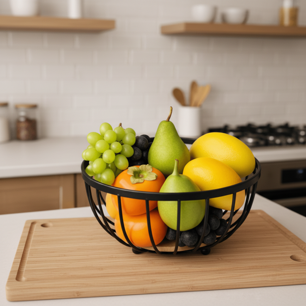 Fruteira Aramado Ferro Clink – Organizador de Cozinha Redondo com Base de Bambu