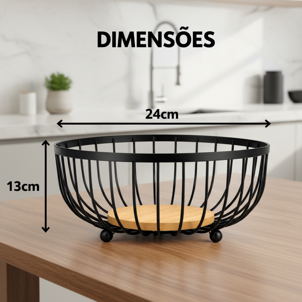 Fruteira Aramado Ferro Clink – Organizador de Cozinha Redondo com Base de Bambu