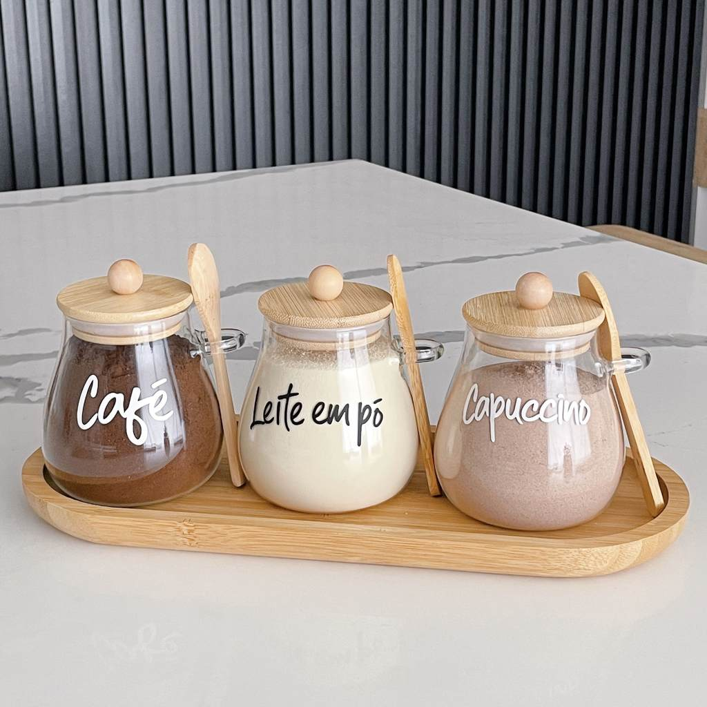 Kit 3 Potes Aurora 400ml – Tampa de Bambu e Colher