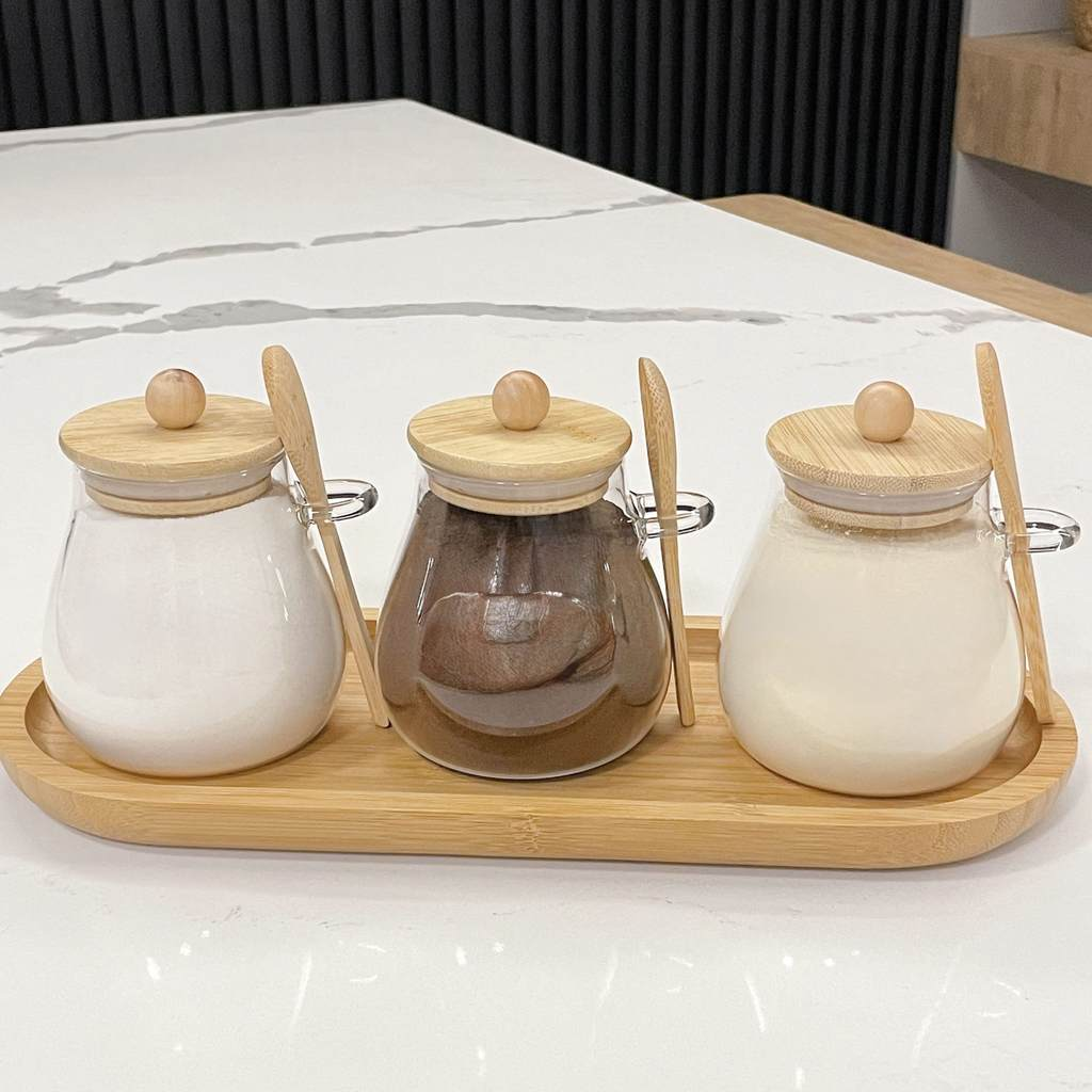 Kit 3 Potes Aurora 400ml – Tampa de Bambu e Colher