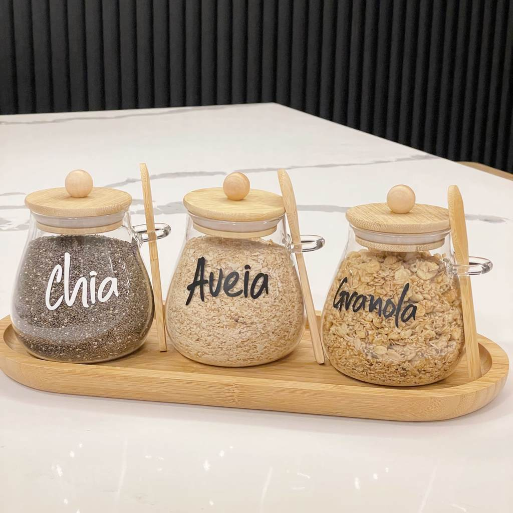 Kit 3 Potes Aurora 400ml – Tampa de Bambu e Colher