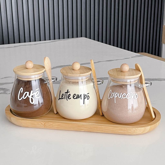 Kit 3 Potes Aurora 400ml – Tampa de Bambu e Colher