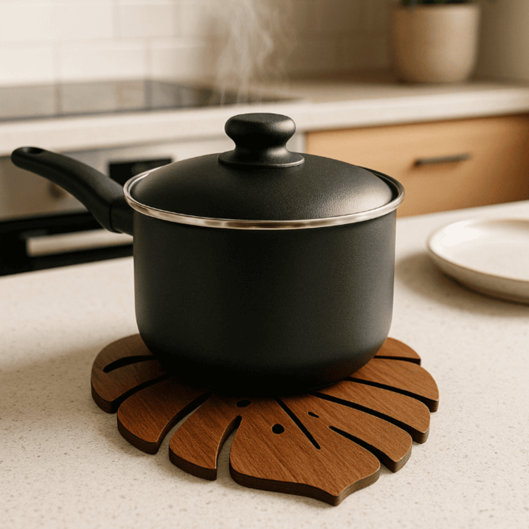 Kit Descanso de Panela e Porta-Copos Monstera – 6 Peças