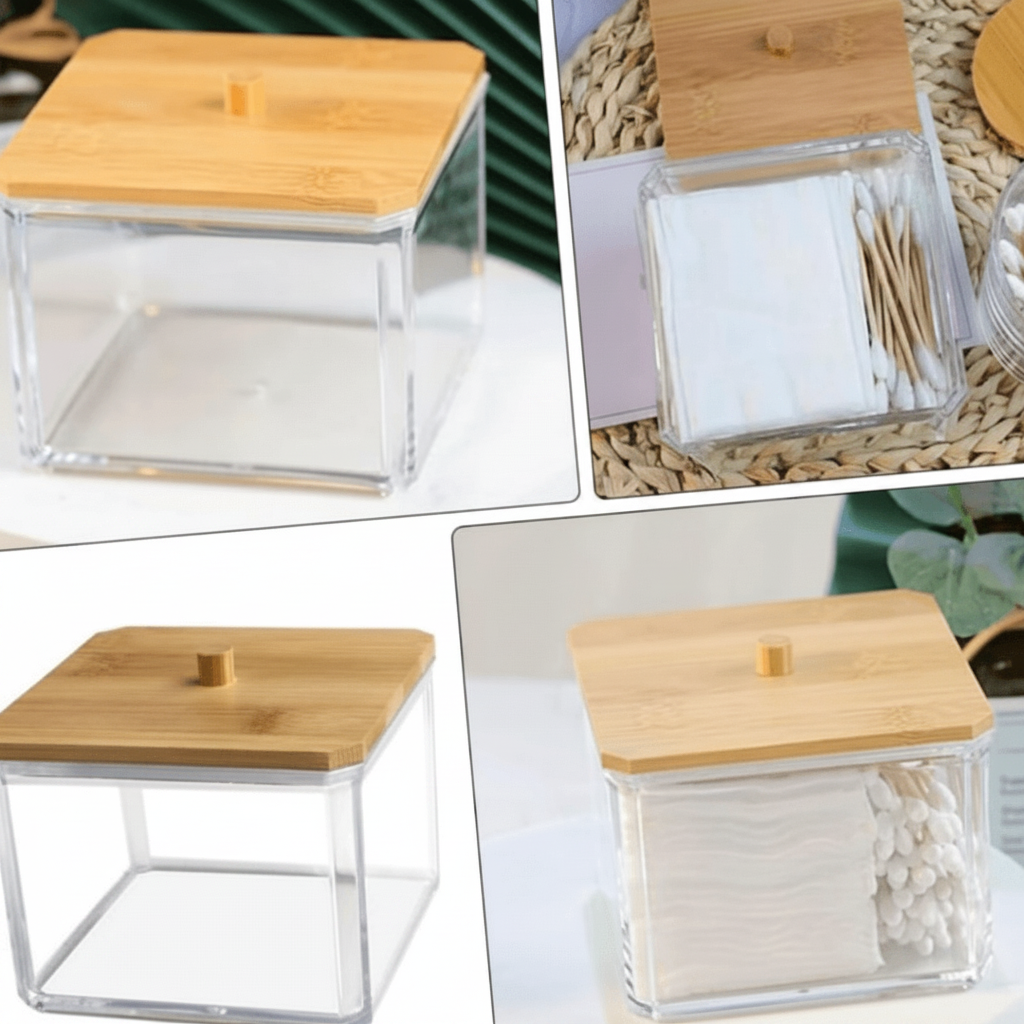 Organizador Acrílico com Tampa de Bambu 9,3x9x7 cm