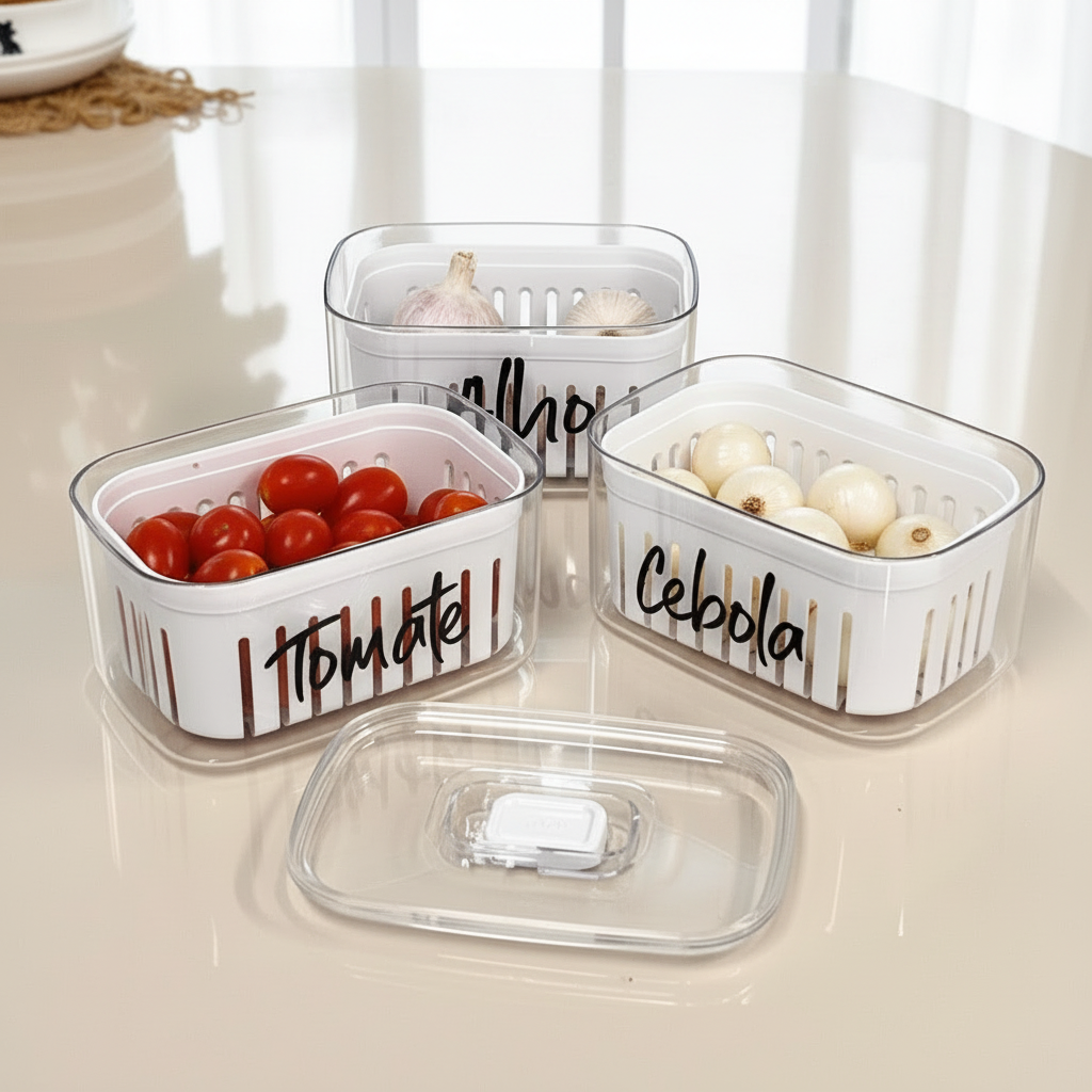 Organizador Clear Fresh com Cesto – Alho, Cebola e Tomate Frescos por Mais Tempo